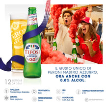 Carica l'immagine nel visualizzatore di Gallery, Peroni Nastro Azzurro 0.0 Edizione Speciale Tifosi Birra Analcolica Premium Lager, Cassa Birra con 12 Birre in Bottiglia da 33 cl, 3.96 L, Gusto Secco e Rinfrescante, Zero Alcol