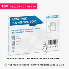 Carica l'immagine nel visualizzatore di Gallery, ARNOMED Guanti monouso in PE da marito, 100 pezzi guanti usa e getta per box, guanti plastica domestici per alimenti, guanti trasparenti monouso protettivi per tinte capelli, guanti sottili