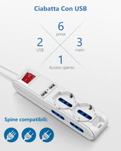 Carica l'immagine nel visualizzatore di Gallery, Multipresa 3M 6 Posti Con 2 Multiuso E 4 Bivalenti 10/16A Con 2 Prese USB (5V/2A