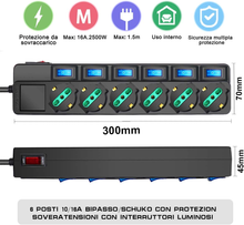 Carica l'immagine nel visualizzatore di Gallery, Multipresa Ciabatta Elettrica 6 Posti 10/16A Bipasso Schuko 250V Max:2500W Con I