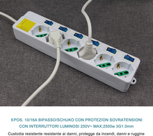 Carica l'immagine nel visualizzatore di Gallery, Multipresa Ciabatta Elettrica 6 Posti 10/16A Bipasso Schuko 250V Max:2500W Con I