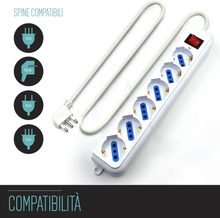 Carica l'immagine nel visualizzatore di Gallery, Multipresa a 6 Posti, Ciabatta Elettrica Con 6 Prese Italiane 10A E Schuko (Tede