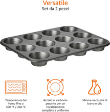 Carica l'immagine nel visualizzatore di Gallery, - Teglia Antiaderente per Muffin, in Acciaio Al Carbonio, Confezione Da 2