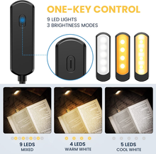 Carica l'immagine nel visualizzatore di Gallery, Lumière de Lecture, USB Rechargeable Lampe 9 Leds 3 Modalités Avec Cli