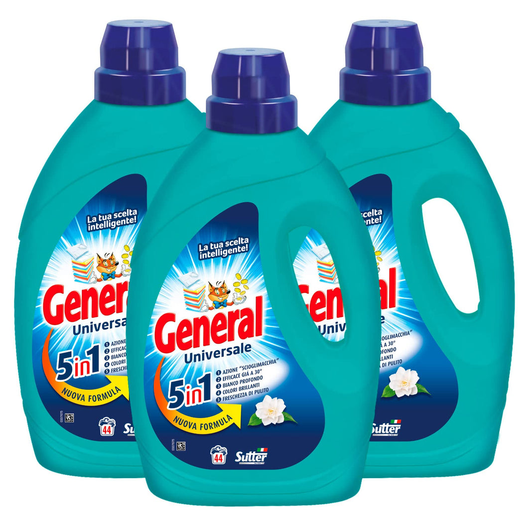 3x detersivo liquido General Universale 5in1 per Lavatrice 44 Lavaggi - 3 Flaconi da 1,98L ognuno