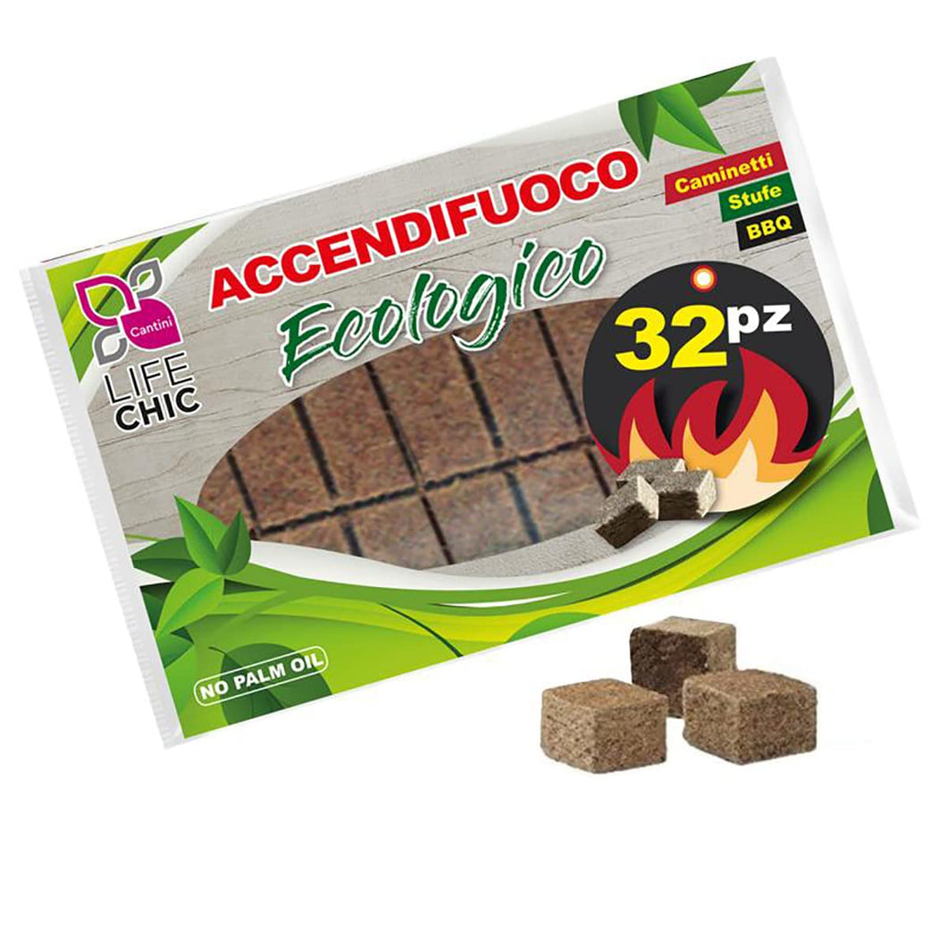 32 PZ Accendifuoco Ecologico Senza Olio di Palma, in Segatura di Pino Naturale e Olio Vegetale, Inodore, per Accendere Fuochi, Barbecue, Caminetti e Forni a Legna, Stufe No Petrolio