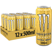 Carica l&#39;immagine nel visualizzatore di Gallery, Monster Energy Ultra Gold – bevanda energetica contenente caffeina con sapore fruttato di ananas – senza zucchero e senza calorie – in pratiche lattine usa e getta (12 x 500 ml)

