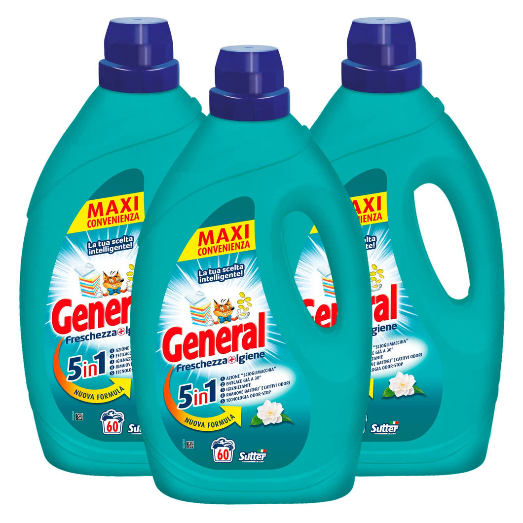 3x detersivo liquido General Freschezza+Igiene 5in1 per Lavatrice 60 Lavaggi - 3 Flaconi da 2,7L ciascuno