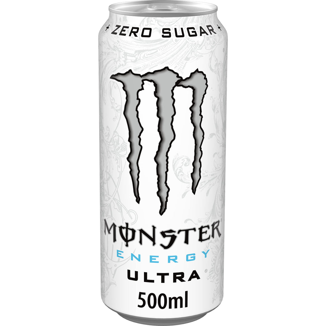 Monster Energy Ultra White – 24 Lattine da 500 ml, Energy Drink Zero Zuccheri e poche Calorie, Bevanda Energetica dal Gusto Leggero e Rinfrescante di Agrumi