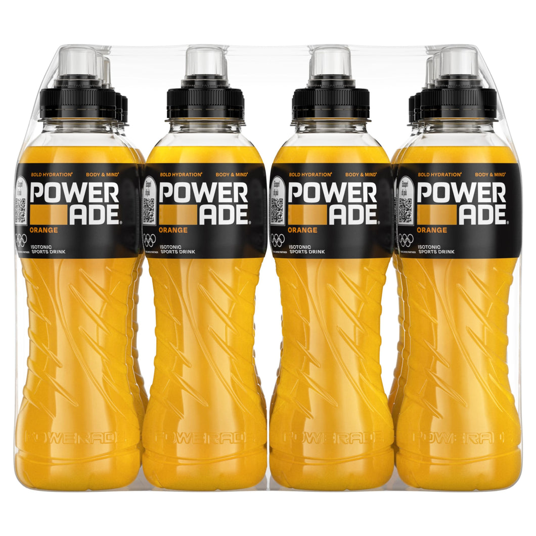 Powerade Orange Sport Drink – 12 Bottiglie da 500 ml, Bevanda Isotonica, Bottiglia Ergonomica in PET 100% Riciclabile con Tappo Sport, Soluzione di Carboidrati e Elettroliti