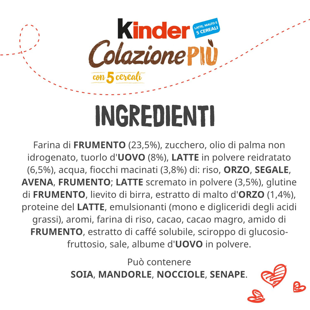Kinder Colazione Più - 10 Merendine di Pan di Spagna Integrale ai 5 Cereali, con Ripieno di Malto e Cacao, Ottime a Colazione e Merenda, Confezione da 290 Grammi