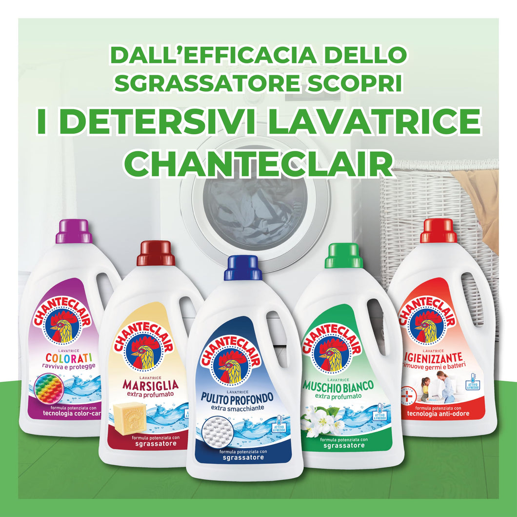 Chanteclair - Detersivo per Lavatrice, Profumo Muschio Bianco, Formula Concentrata, con Vero Sgrassatore - 3 Flaconi da 1260 ml