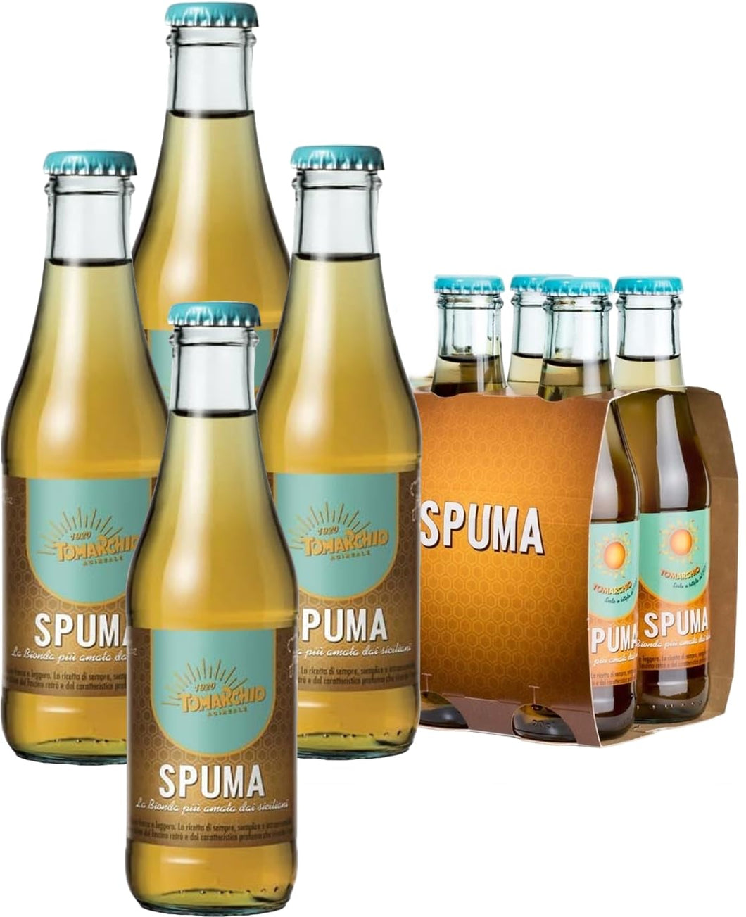 Sicilia Bedda - BIBITE TOMARCHIO - Bibite Siciliane - Spuma, Arancia Rossa, Aranciata, Chinotto, Ginger - Altissima Qualità (4 Bottiglie Vetro Spuma Cl. 20)