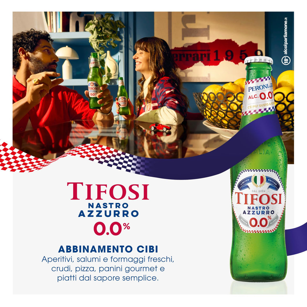Peroni Nastro Azzurro 0.0 Edizione Speciale Tifosi Birra Analcolica Premium Lager, Cassa Birra con 12 Birre in Bottiglia da 33 cl, 3.96 L, Gusto Secco e Rinfrescante, Zero Alcol