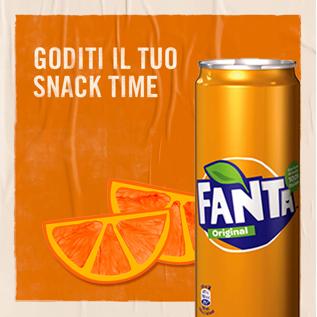 Fanta Original Gusto di Arancia – 24 Lattine da 330 ml, con Succo di Arance Italiane, Senza Aggiunta di Conservanti, Lattina 100% riciclabile, Gusto Rinfrescante, Bevanda Analcolica Frizzante