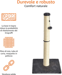 - Palo Tiragraffi per Gatti, Medio, 40,6 X 40,6 X 81,28 Cm, Grigio