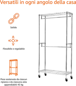 - Stand Appendiabiti a Doppia Barra Con Rotelle - Cromato