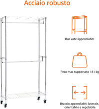 Carica l&#39;immagine nel visualizzatore di Gallery, - Stand Appendiabiti a Doppia Barra Con Rotelle - Cromato
