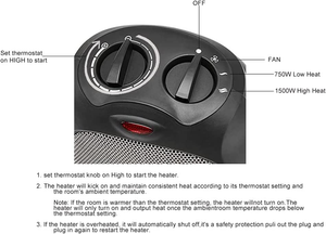 - Termoventilatore in Ceramica Da 1500 Watt Con Termostato Regolabile - Nero