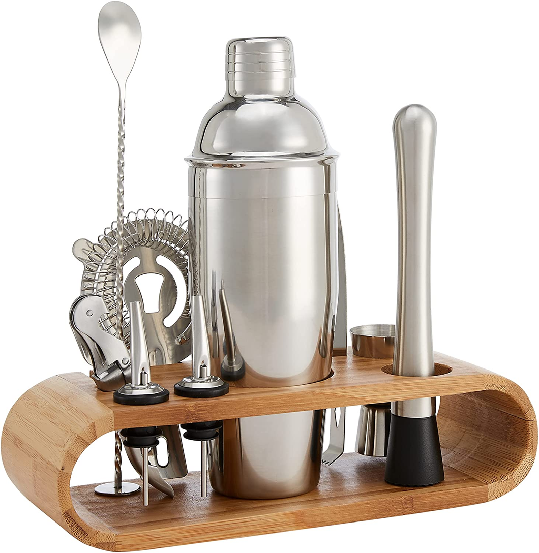 , Set Di 10 Strumenti Da Bar in Acciaio Inox Con Stand in Bambù