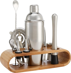 , Set Di 10 Strumenti Da Bar in Acciaio Inox Con Stand in Bambù