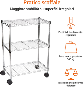 - Scaffalatura a 3 Ripiani, Su Rotelle, Cromo