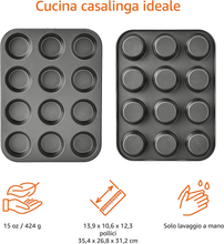 Carica l&#39;immagine nel visualizzatore di Gallery, - Teglia Antiaderente per Muffin, in Acciaio Al Carbonio, Confezione Da 2
