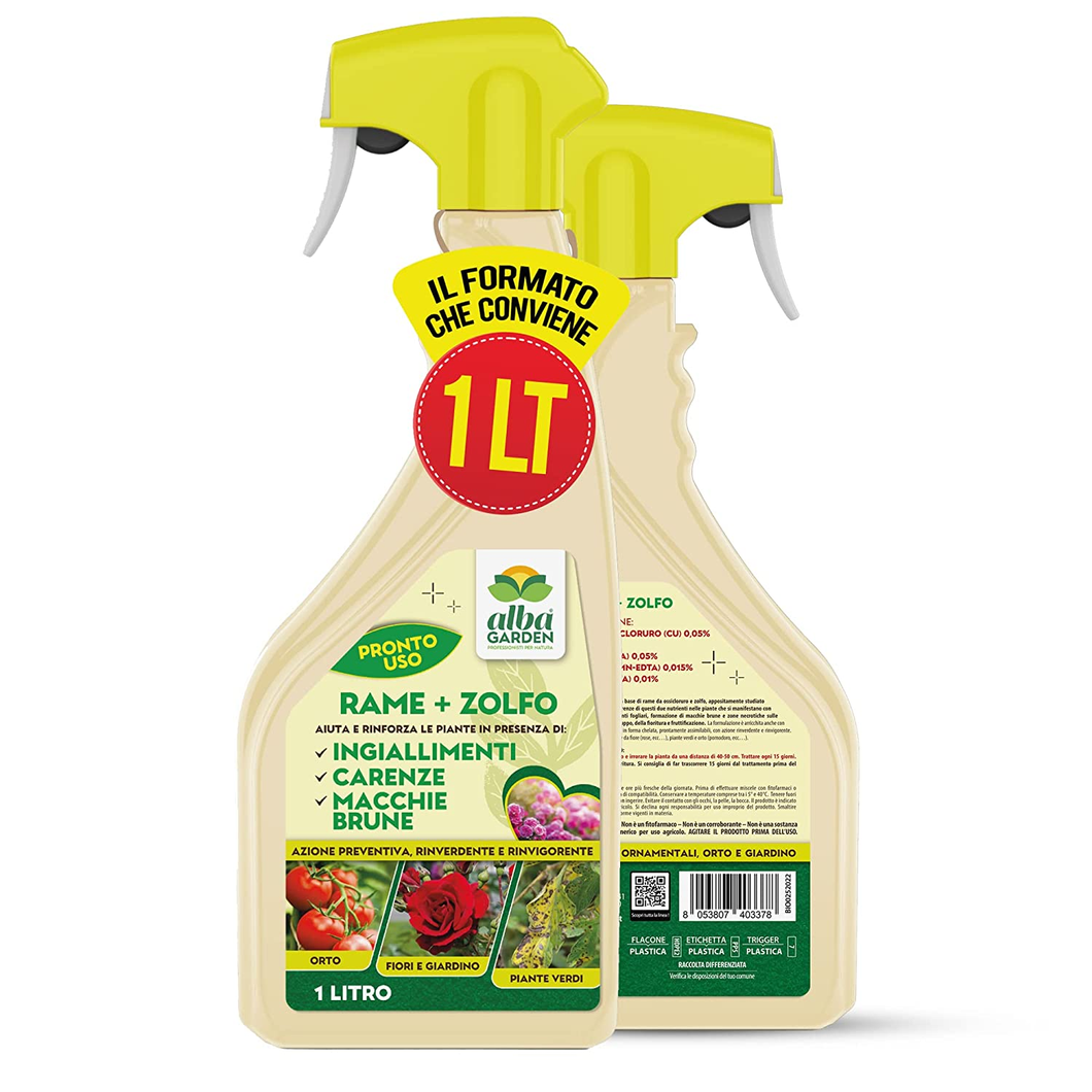 - Rame + Zolfo Spray 1 Litro - Concime Effetto Fungicida Piante Contro Le Malatt