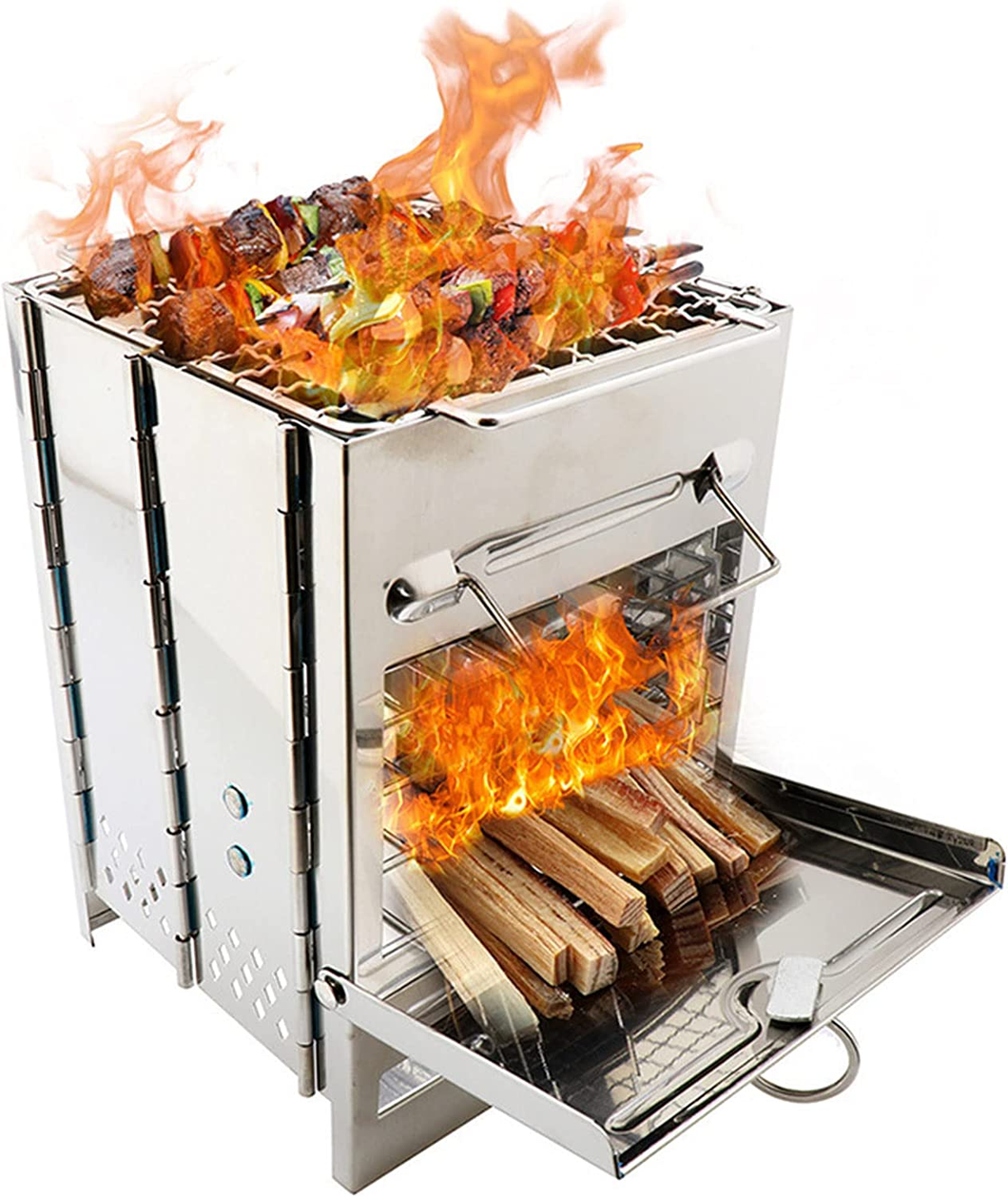 3 IN 1 Petit Fourneau De Camping Pliant Bois,Poêle à Bois en Acier Inoxydable,Fo