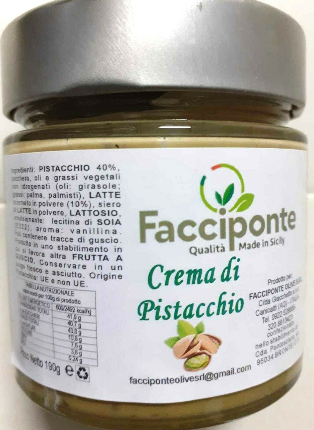 CREMA DI PISTACCHIO   FACCIPONTE   190 g CON PISTACCHIO DI SICILIA