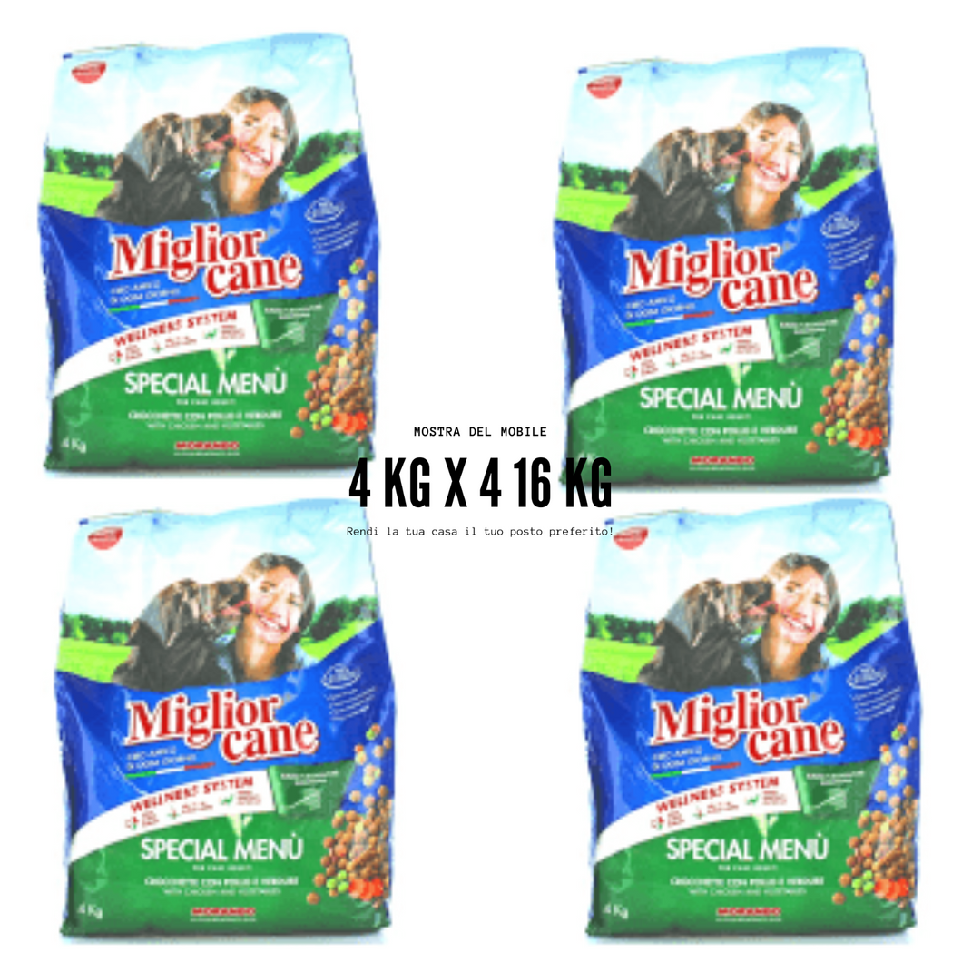 4 PEZZI MIGLIO CANE 4 Kg  Crocchette Manzo Cibo Per cani POLLO E VERDURE 16 KG